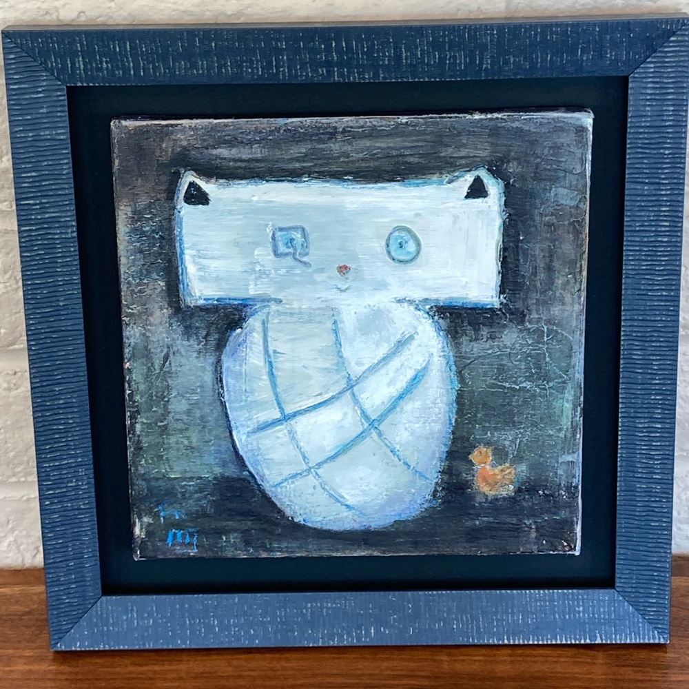 Modernist Original Cat and Bird Framed Oil Painting